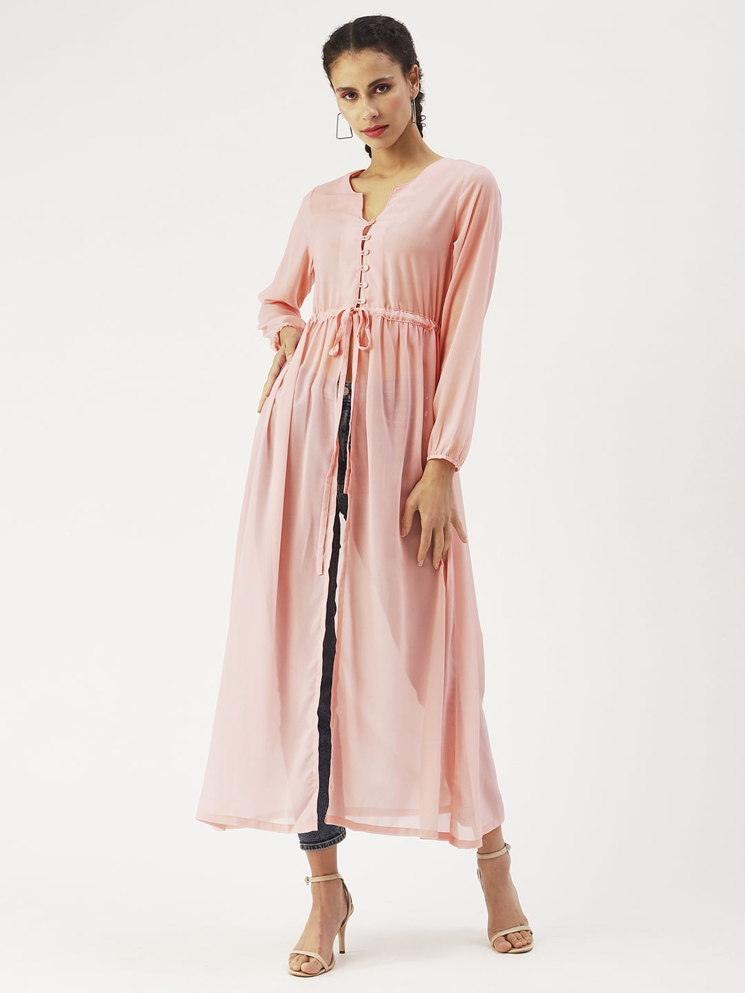 DressBerry Women's Solid Poly&nbsp;Georgette Top Long Sleeves with  Elasticated Cuffs Round Neck Front Open Slit with Tie-up Strings Casual Long  Top - Walmart.com