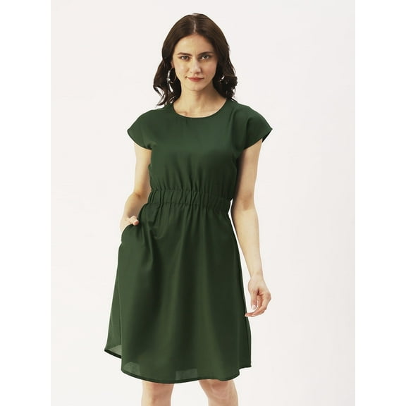 DressBerry Women’s Solid Crepe Short Sleeves Dress Round Neck Above Knee Length Flared Hem Light Weighted Casual Summer Dress