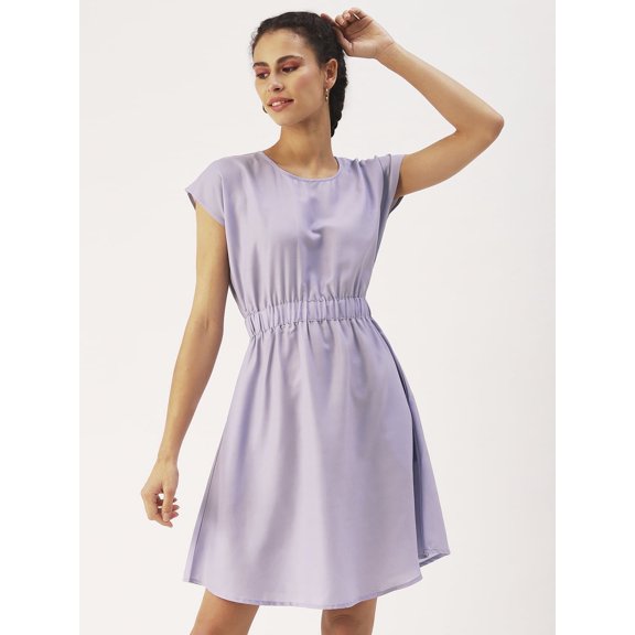 DressBerry Women’s Solid Crepe Short Sleeves Dress Round Neck Above Knee Length Flared Hem Light Weighted Casual Summer Dress