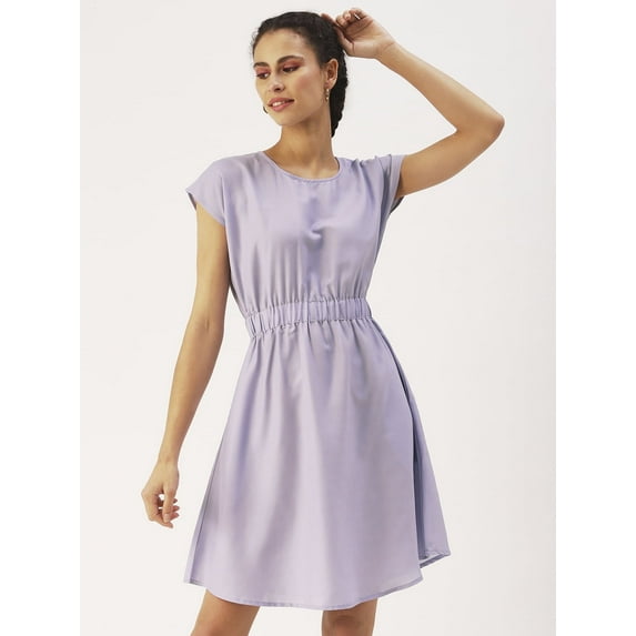 DressBerry Women’s Solid Crepe Short Sleeves Dress Round Neck Above Knee Length Flared Hem Light Weighted Casual Summer Dress