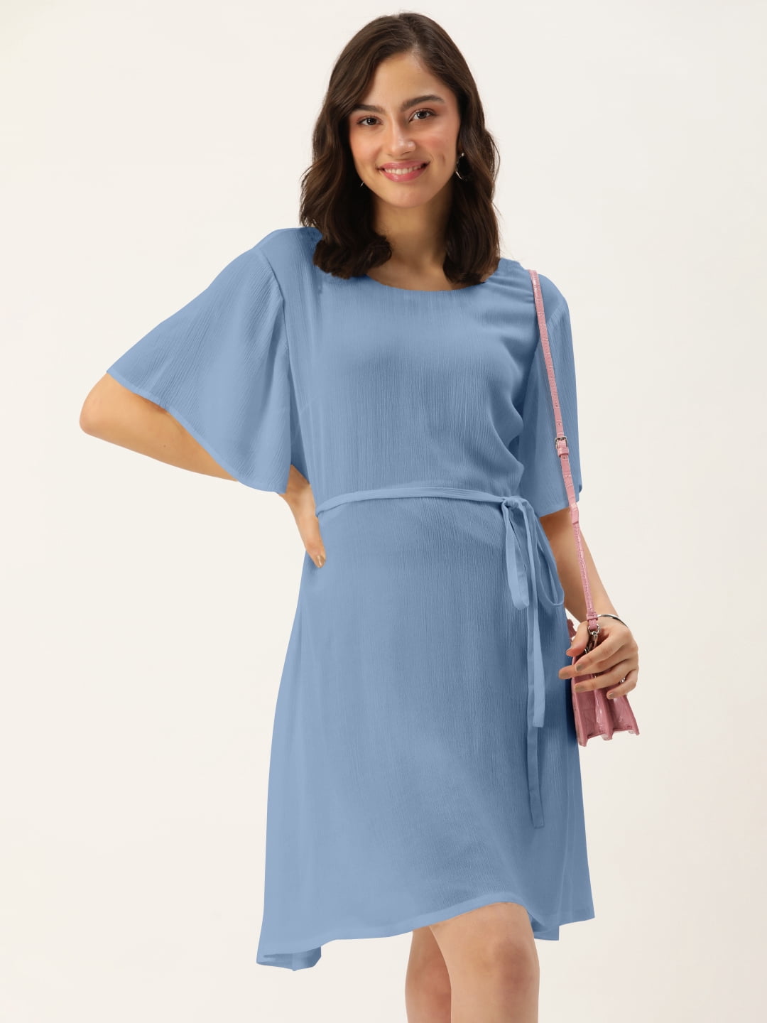 DressBerry Women's Printed Rayon Crepe Dress Casual Summer Kimono Sleeves  Knee Length High Waist Round Neck Western Style Light Weighted High Rise  Short Crepe Dress - Walmart.com
