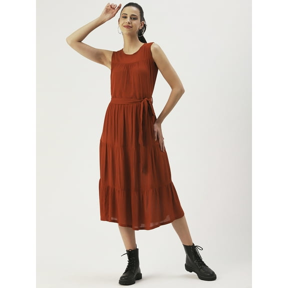 DressBerry Women’s Solid Rayon Crepe Round Neck Sleeveless Dress Tiered Calf Length with Adjustable Front Drawstrings Regular Wear Light Weighted Casual Summer Dress