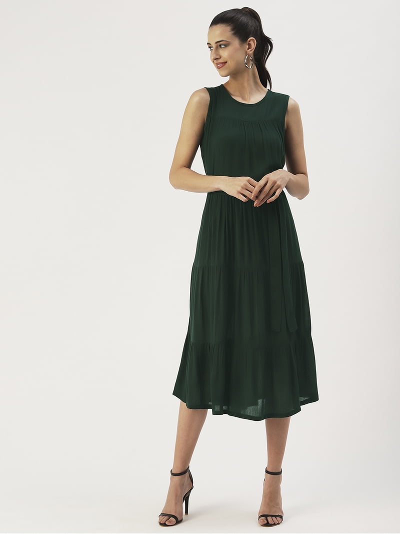 Dressberry Womens Solid Rayon Crepe Round Neck Sleeveless Dress Tiered Calf Length with Adjustable Front Drawstrings Regular Wear Light Weighted