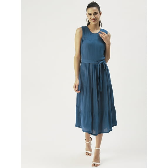 DressBerry Women’s Solid Rayon Crepe Round Neck Sleeveless Dress Tiered Calf Length with Adjustable Front Drawstrings Regular Wear Light Weighted Casual Summer Dress