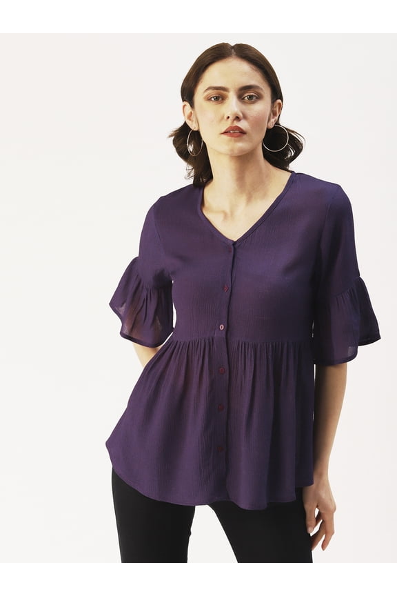 Women’s Solid Rayon Crepe Top V Neck Elbow Sleeves Buttoned Front Waist Length Regular Wear Light Weighted Casual Summer Top