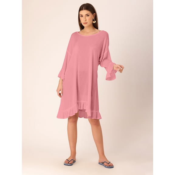 DressBerry Women's Solid Rayon Crepe V Neck Ruffled Sleeves Mini Dress Crinkled Adjustable Tie-Up Back Neck Casual Summer Wear Short Length Light Weighted Wavy Beach Wear Dress