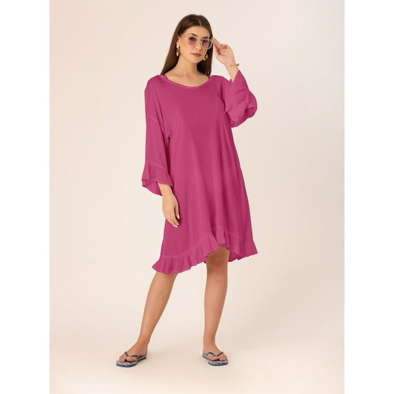 DressBerry Women's Solid Rayon Crepe V Neck Ruffled Sleeves Mini Dress Crinkled Adjustable Tie-Up Back Neck Casual Summer Wear Short Length Light Weighted Wavy Beach Wear Dress