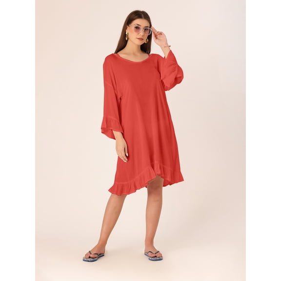 DressBerry Women's Solid Rayon Crepe V Neck Ruffled Sleeves Mini Dress Crinkled Adjustable Tie-Up Back Neck Casual&nbsp;Summer Wear Short Length Light Weighted Wavy Beach Wear Dress