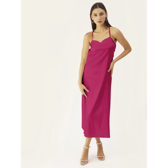 DressBerry Women's Solid Satin Ankle Length Dress Loose Fit Sleeveless Light Weighted Sweetheart Neck Wear Casual Summer Wear Dress