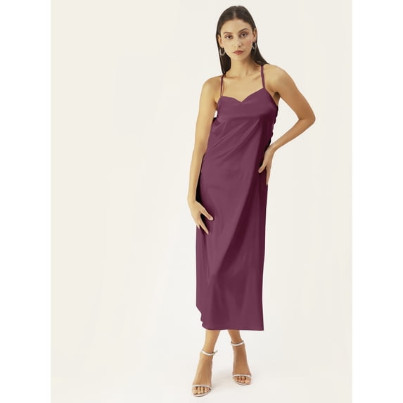 DressBerry Women's Solid Satin Ankle Length Dress Loose Fit Sleeveless Light Weighted Sweetheart Neck Wear Casual Summer Wear Dress