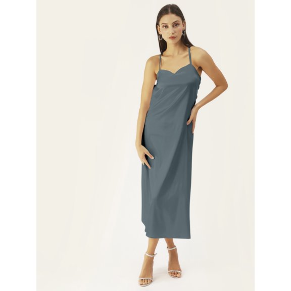 DressBerry Women's Solid Satin Ankle Length Dress Loose Fit Sleeveless Light Weighted Sweetheart Neck Wear Casual Summer Wear Dress