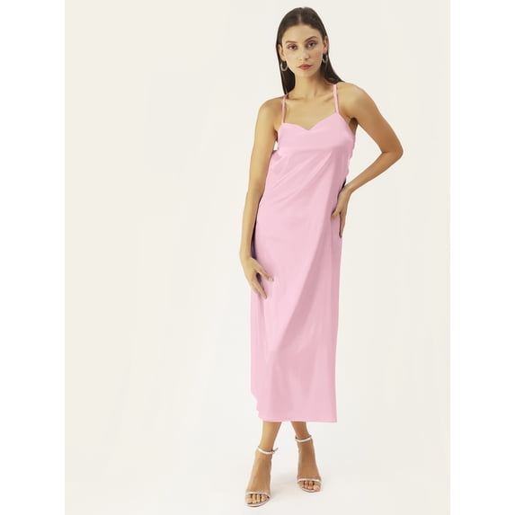 DressBerry Women's Solid Satin Ankle Length Dress Loose Fit Sleeveless Light Weighted Sweetheart Neck Wear Casual Summer Wear Dress