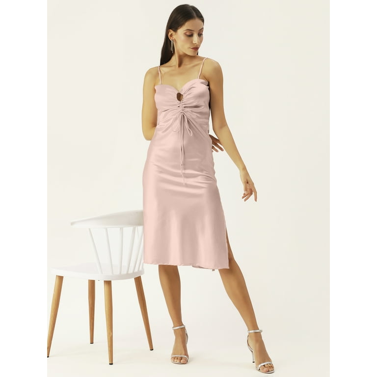 DressBerry Women s Solid Satin Calf Length Dress Spaghetti Straps Shoulders Sleeveless High Rise Sweetheart Keyhole Neck Front Strings Single Side