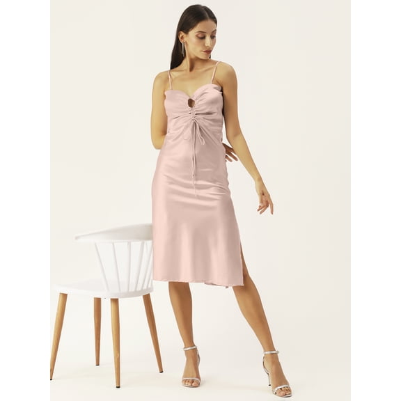 DressBerry Women's Solid Satin Calf Length Dress Spaghetti Straps Shoulders Sleeveless High Rise Sweetheart Keyhole Neck Front Strings Single Side Slit