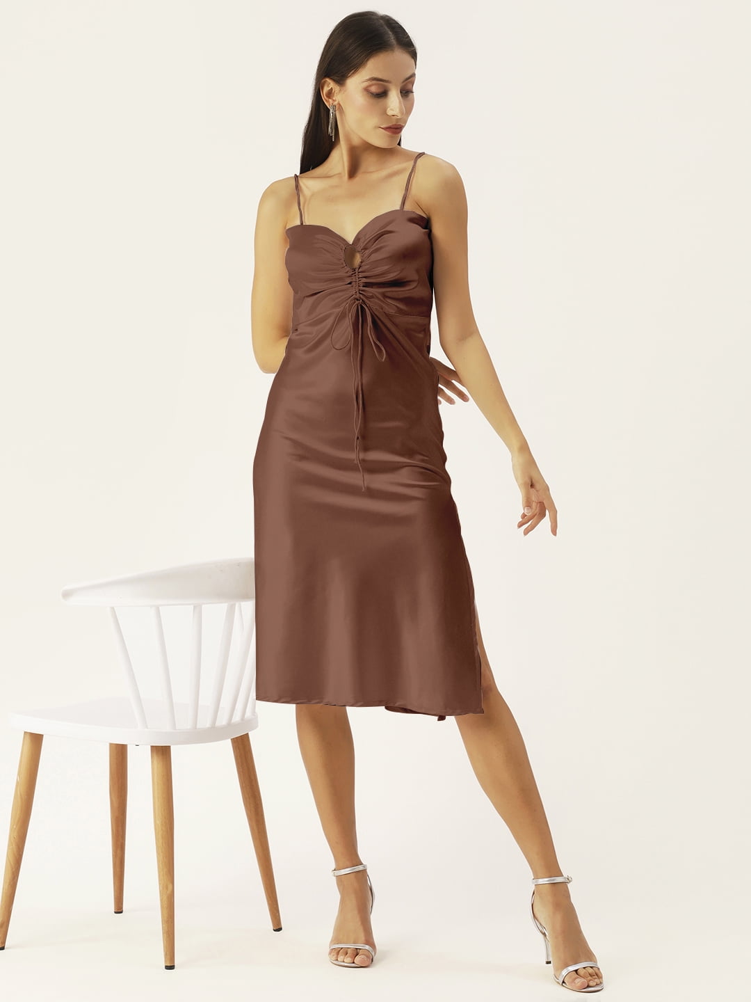 Women's Solid Satin High Waist Midi Long Skirt Hidden Elastic Waistband Office Skirt - Made in USA (Medium,Darkbrown)
