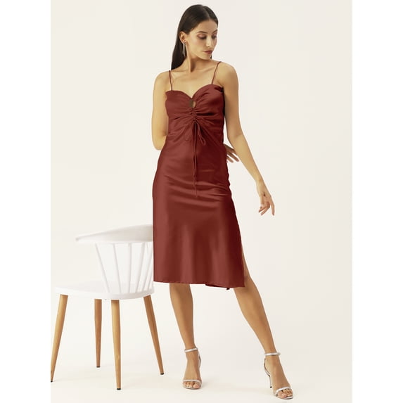 DressBerry Women's Solid Satin Calf Length Dress Spaghetti Straps Shoulders Sleeveless High Rise Sweetheart Keyhole Neck Front Strings Single Side Slit