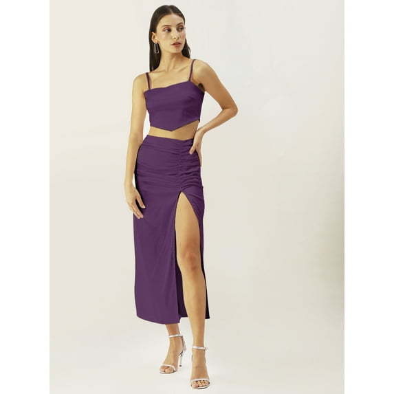 DressBerry Women's Solid Satin Knee Length 2 PCS Skirt Blouse Set Spaghetti Straps Shoulders Sleeveless High Rise Square Neck Western Style