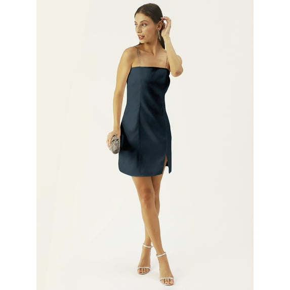 DressBerry Women's Solid Satin Mini Dress Strappy Chain Shoulders Sleeveless High Rise Square Neck Single Side Slit Western Style Short Dress