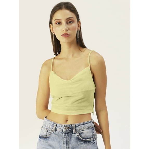 DressBerry Women's Solid Velvet Sleeveless Cropped Top High Waist Cowl Neck Casual Summer Wear Western Style Body Fit Short Top