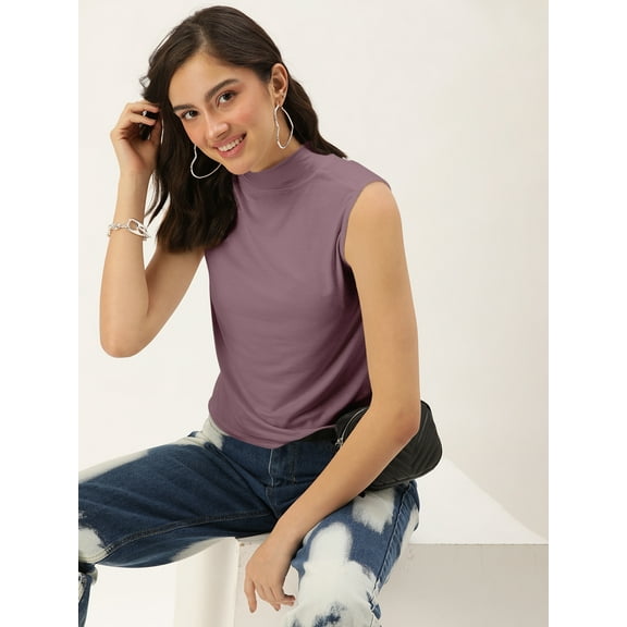 DressBerry Women's Solid Viscose Jersey Top Casual Summer Turtle Neck Sleeveless Western Style Slip-On Light Weighted Waist Length Loose Fitted Blouse Top