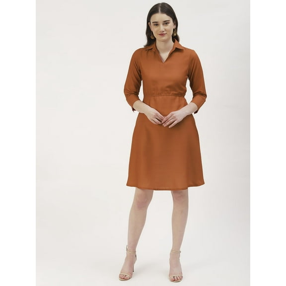 DressBerry Women’s Solid Viscose Rayon Collared Neck Dress 3/4th Long Sleeves Smocked Front Calf Length Regular Wear Light Weighted Casual Summer Dress