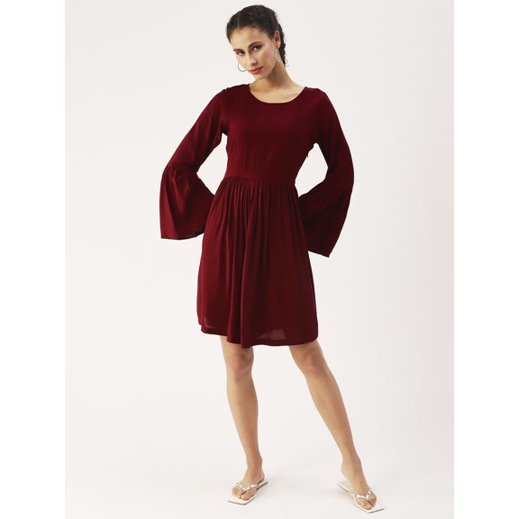 DressBerry Women’s Solid Viscose Rayon Dress Round Neck Flared Long Sleeves Knee Length Smocked Hem Beach Wear Light Weighted Casual Summer Dress