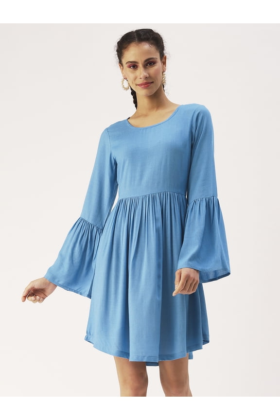 Women’s Solid Viscose Rayon Dress Round Neck Flared Long Sleeves Knee Length Smocked Hem Beach Wear Light Weighted Casual Summer Dress