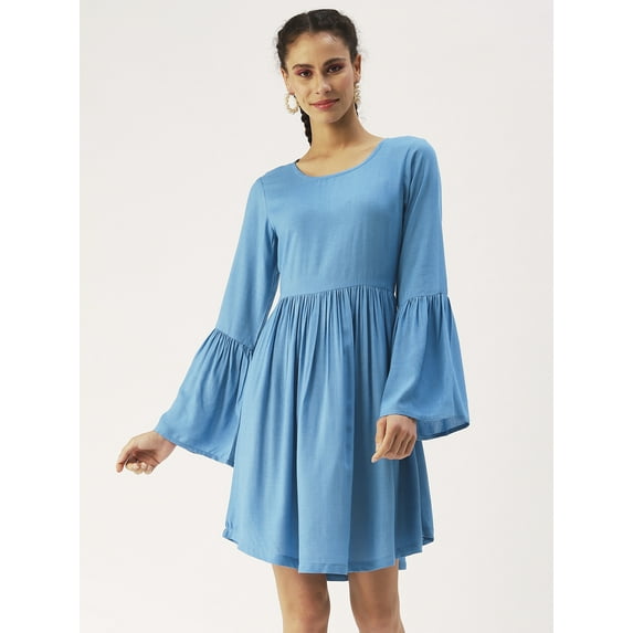 DressBerry Women’s Solid Viscose Rayon Dress Round Neck Flared Long Sleeves Knee Length Smocked Hem Beach Wear Light Weighted Casual Summer Dress
