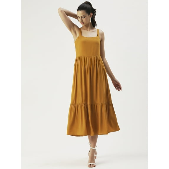 DressBerry Women’s Solid Viscose Rayon Dress Square Neck Sleeveless Calf Length Regular Wear Light Weighted Casual Summer Long Dress