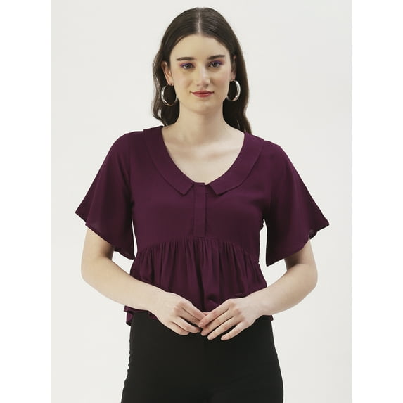 DressBerry Women's Solid Viscose Rayon Short Flared Sleeves Pleated Crop Top Flared Hem Lightweighted Casual Summer Wear Waist Length Regular Short Blouse