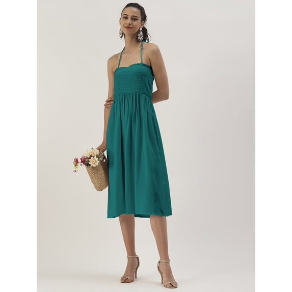 DressBerry Women’s Solid Viscose Rayon Square Neck Smocked Bust Flared Hem Adjustable Strapped Shoulders Light Weighted Casual Summerwear Beachwear Partywear All Purpose One Piece Dress