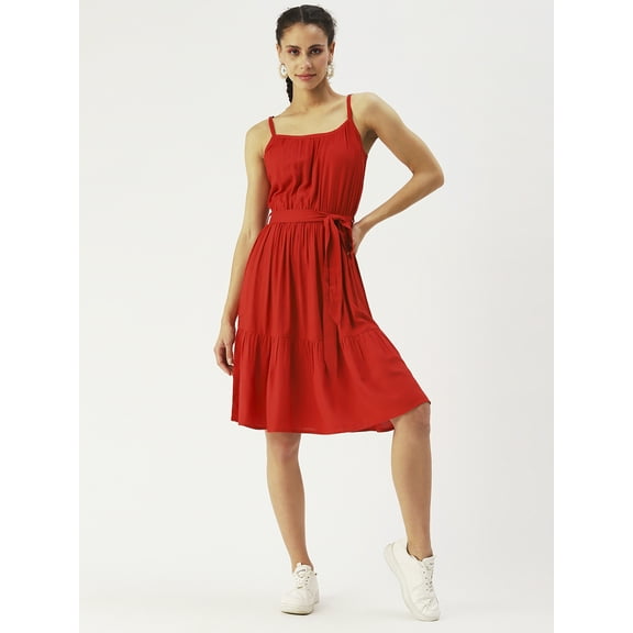 DressBerry Women’s Solid Viscose Rayon Square Neckline Dress Strappy Light Weighted Sleeveless Knee Length Party Wear Casual Summer Dress