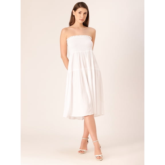 DressBerry Women's Solid Viscose Rayon Tiered Smocked Skirt Calf Length Flared Hem Elastic Waist Casual&nbsp;Summer Wear Light Weighted Wavy Midi Party Wear Skirt