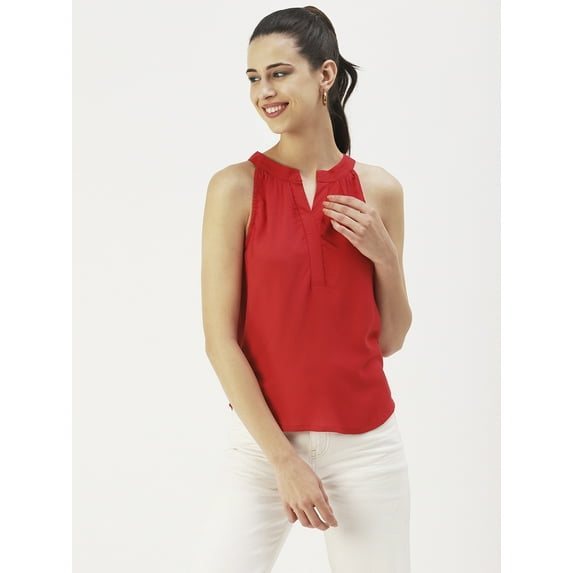 DressBerry Women’s Solid Viscose Rayon Top Buttoned Round Neck Sleeveless Pleated Shoulders Waist Length Regular Wear Light Weighted Casual Summer Blouse