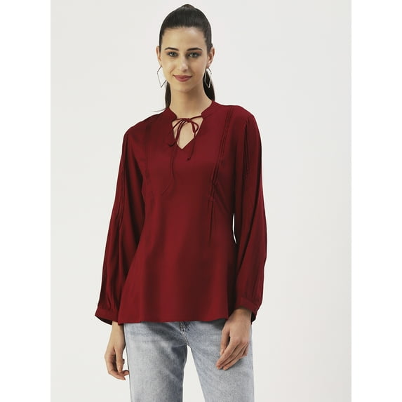 DressBerry Women’s Solid Viscose Rayon Top Keyhole Neck with Ties Long Pleated Sleeves Waist Length Regular Wear Light Weighted Casual Summer Top