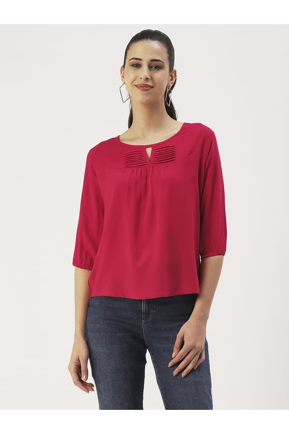 Women’s Solid Viscose Rayon Top 3/4th Sleeves with Elasticated Cuffs Round Keyhole-Neck Casual Summer Wear Waist Length Loose Fitted Blouse