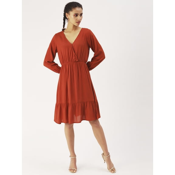 DressBerry Women’s Solid Viscose Rayon V Neck Dress 3/4th Long Balloon Sleeves Knee Length Flared Regular Wear Light Weighted Casual Summer Dress