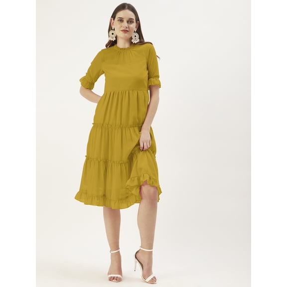 DressBerry Womens Solid Poly Georgette Round Ruffled Neck 3/4th Sleeves Knee length Tiered Hem Light Weighted CasualSummerwear Beachwear Partywear All Purpose One Piece Dress