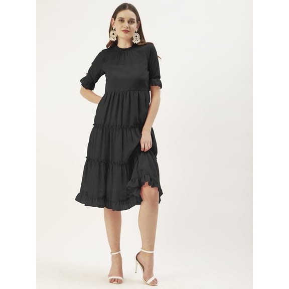 DressBerry Womens Solid Poly Georgette Round Ruffled Neck 3/4th Sleeves Knee length Tiered Hem Light Weighted CasualSummerwear Beachwear Partywear All Purpose One Piece Dress