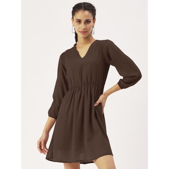 DressBerry Womens Solid Poly Georgette V Neck Dress Long Sleeves Calf Length Beach Wear Smocked Front Light Weighted Casual Summer Dress