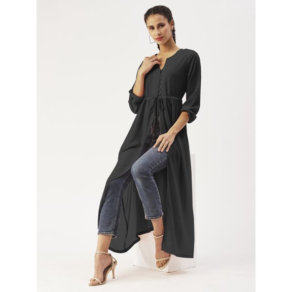 DressBerry Womens Solid PolyGeorgette Top Long Sleeves with Elasticated Cuffs Round Neck Front Open Slit with Tie-up Strings Casual Long Top