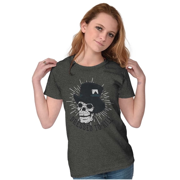 Dressed to Kill Skull Top Hat Tattoo Womens Slim Fit Graphic Tee Brisco Brands S