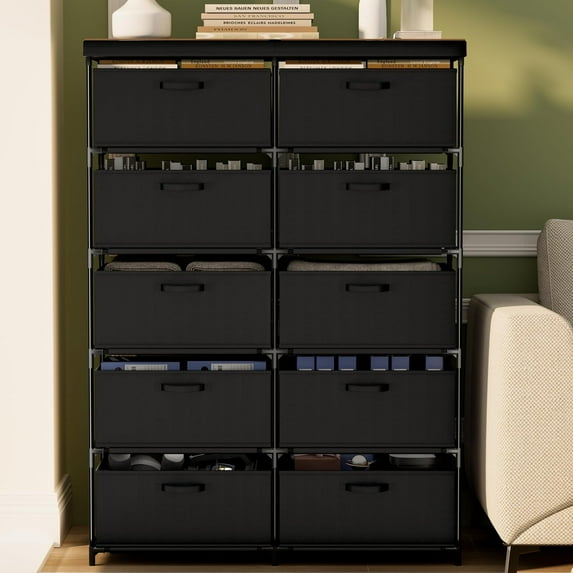 Dresser with 10 Fabric Drawer Solid Wood TV Stand Desktop Sturdy Metal Support Tube Cube Storage Cabinet for Closet Bedroom Organization Dorm Front Hall Entryway