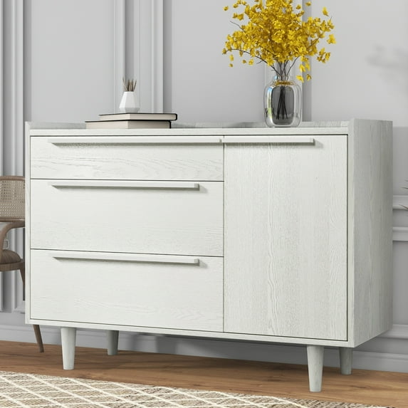 Dresser with 3 Drawers and 1 Door Cabinet,Modern Wooden Storage Cabinet Dresser for Bedroom Living Room,Nursery Dresser Organizer Wood Dresser with Solid Wood Legs,Modern Storage Cabinet,White