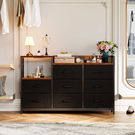 Dresser with 3 Power Outlets & 2 USB Charging Ports, Wide Dresser 52” for Bedroom with 8 Large Drawers, Chest of Drawers for Bedroom, Living Room, Hallway, Vintage and Black