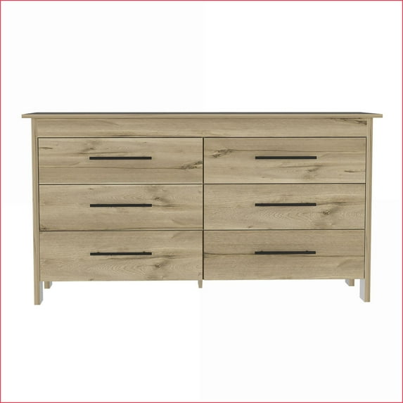 Dresser, 31.7” H 6 Drawer Double with Black Metal Pulls, Light Oak/White | Light Oak | Particle Board