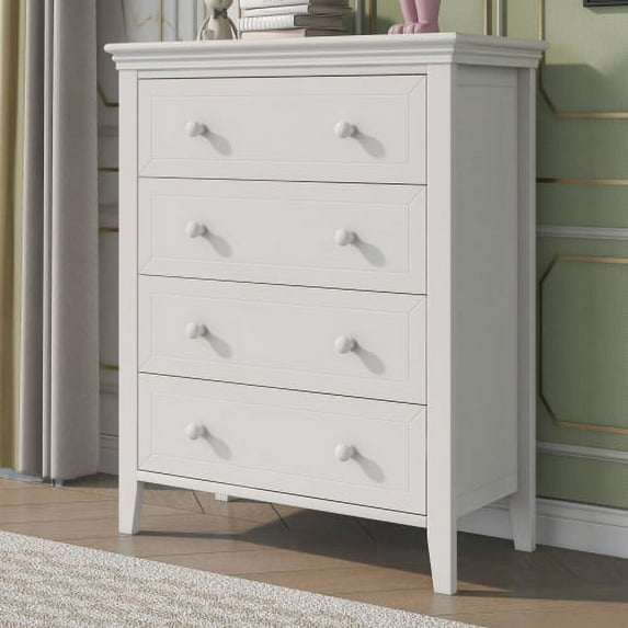 Dresser with 4 Drawers, Wide Chest of Drawers with Solid Frame, Bedside Table with Solid Wood Legs, Closet Dresser Tall Storage Chest Cabinet Nightstand for Living Room, Bathroom, Entryway, White