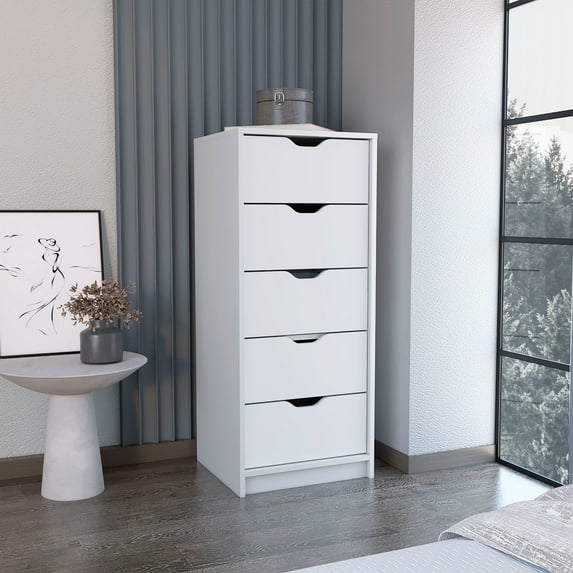 Dresser 42"H, 5 Drawers , Slim Storage Chest of Drawers, White