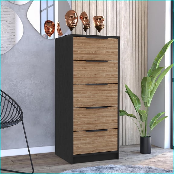 Dresser 5 Drawer with Metal Handles, Black Wengue/Pine Finish | Particle Board | Multicolor