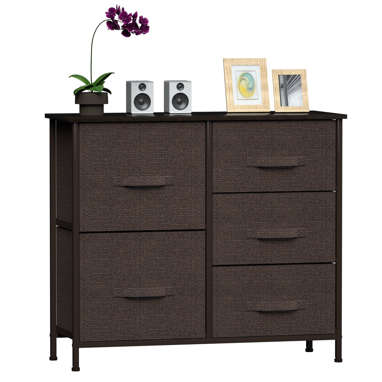 Dresser with 5 Drawers,Hengu Fabric Storage Tower, Organizer Unit for Bedroom, Living Room, Hallway, Closets & Nursery - Sturdy Steel Frame, Wooden Top & Easy Pull Fabric Bins,Brown